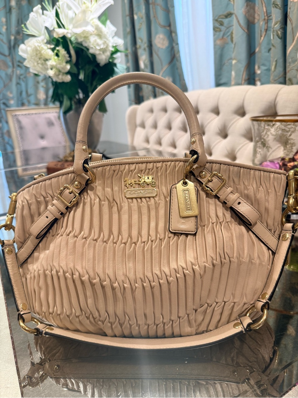 Coach Blush Ruched Leather Satchel with Gold Hardware